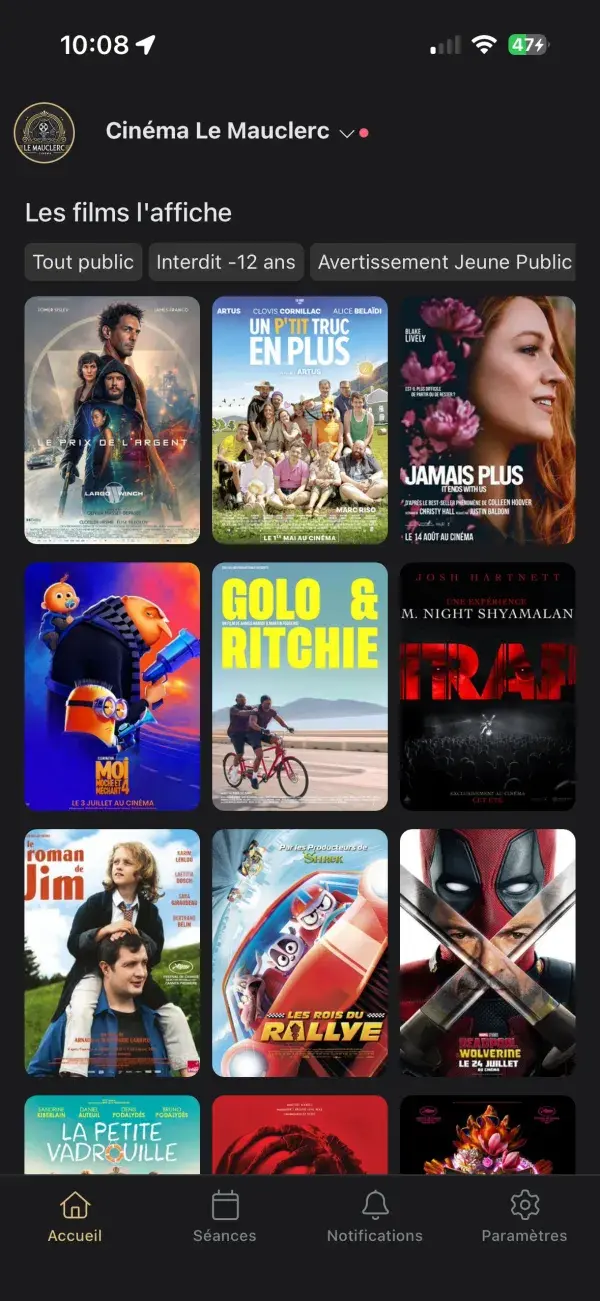 Écran d’accueil de l’appli cinéma : séances à venir et accès billetterie